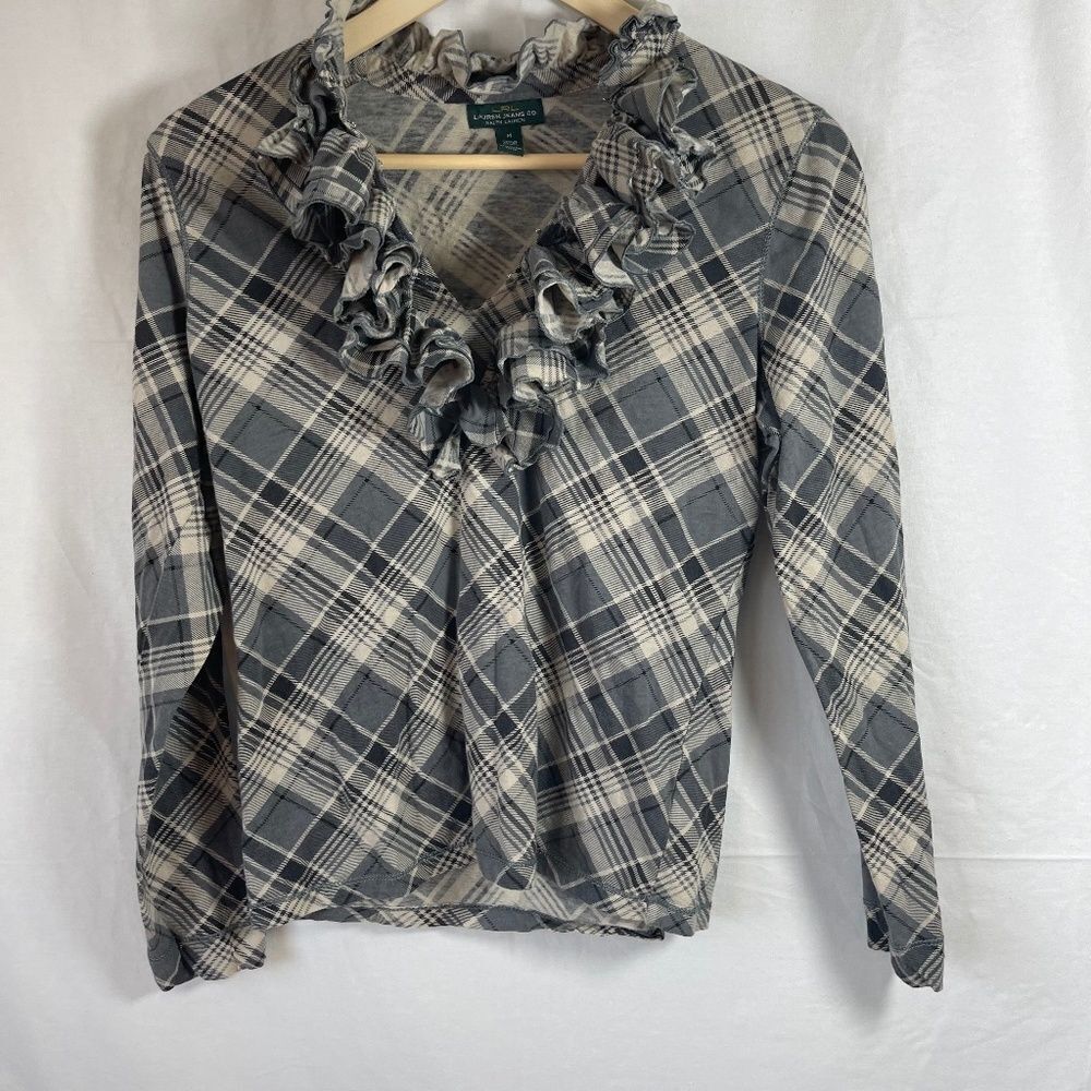 LRL Lauren Jeans Co. Plaid Ruffle Neck‎ Top Sz M